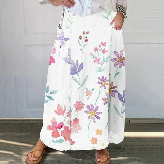 Wancir Womens A Line Midi Skirt Elastic Waist Front Casual Skirts Pleated Skirt with Pockets