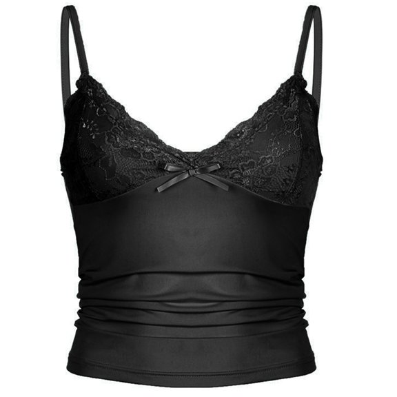 Lace Patchwork V Neck Crop Tanks Top for Women Spaghetti Straps Slim Fit Camisole Undershirt Lingerie for Night Out
