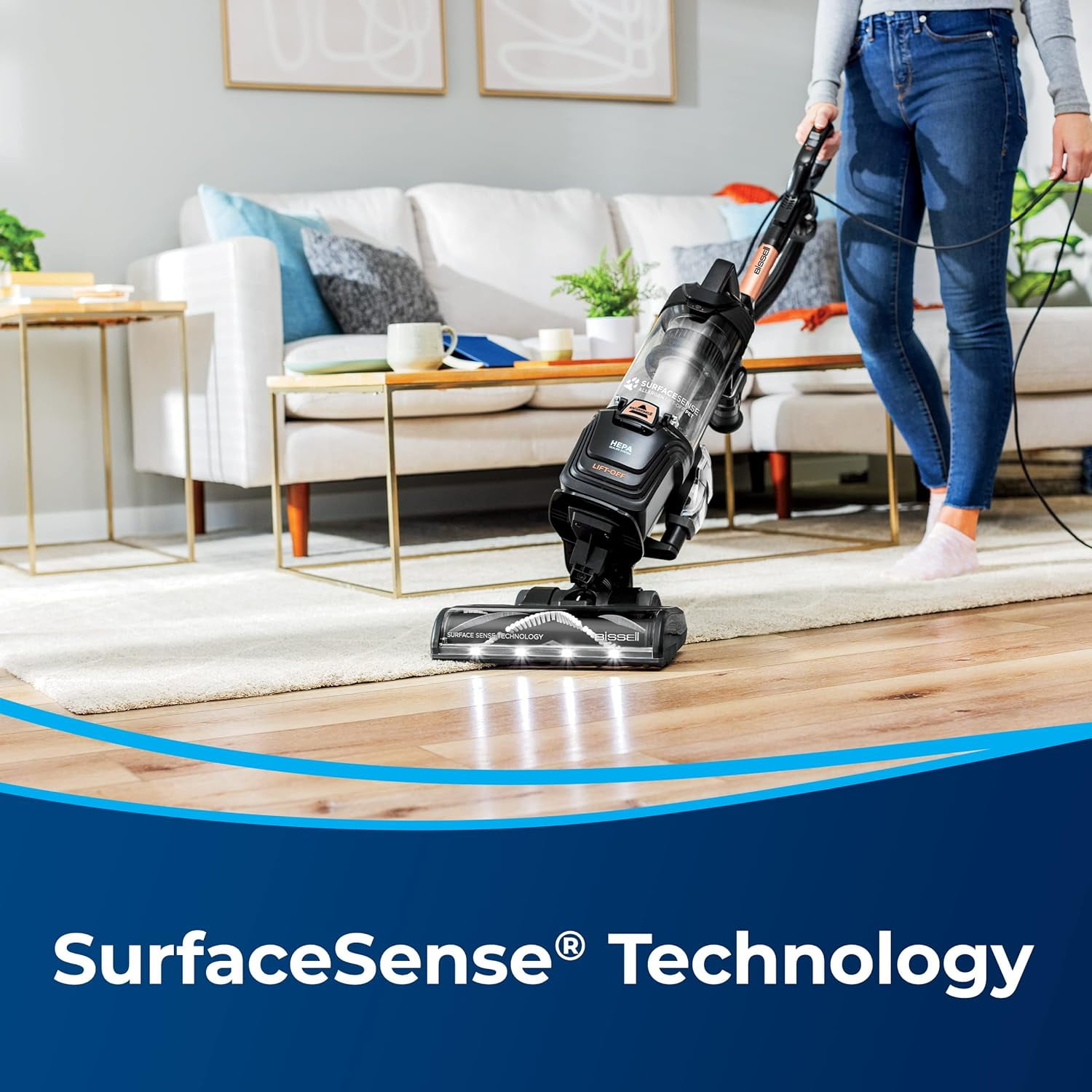 BISSELL SurfaceSense Allergen Lift-Off Pet, Bagless, Upright Vacuum, Pet Friendly, Surface Detect Technology, LED Headlights, Tangle-Free Brush Roll, 3415, Black & Copper
