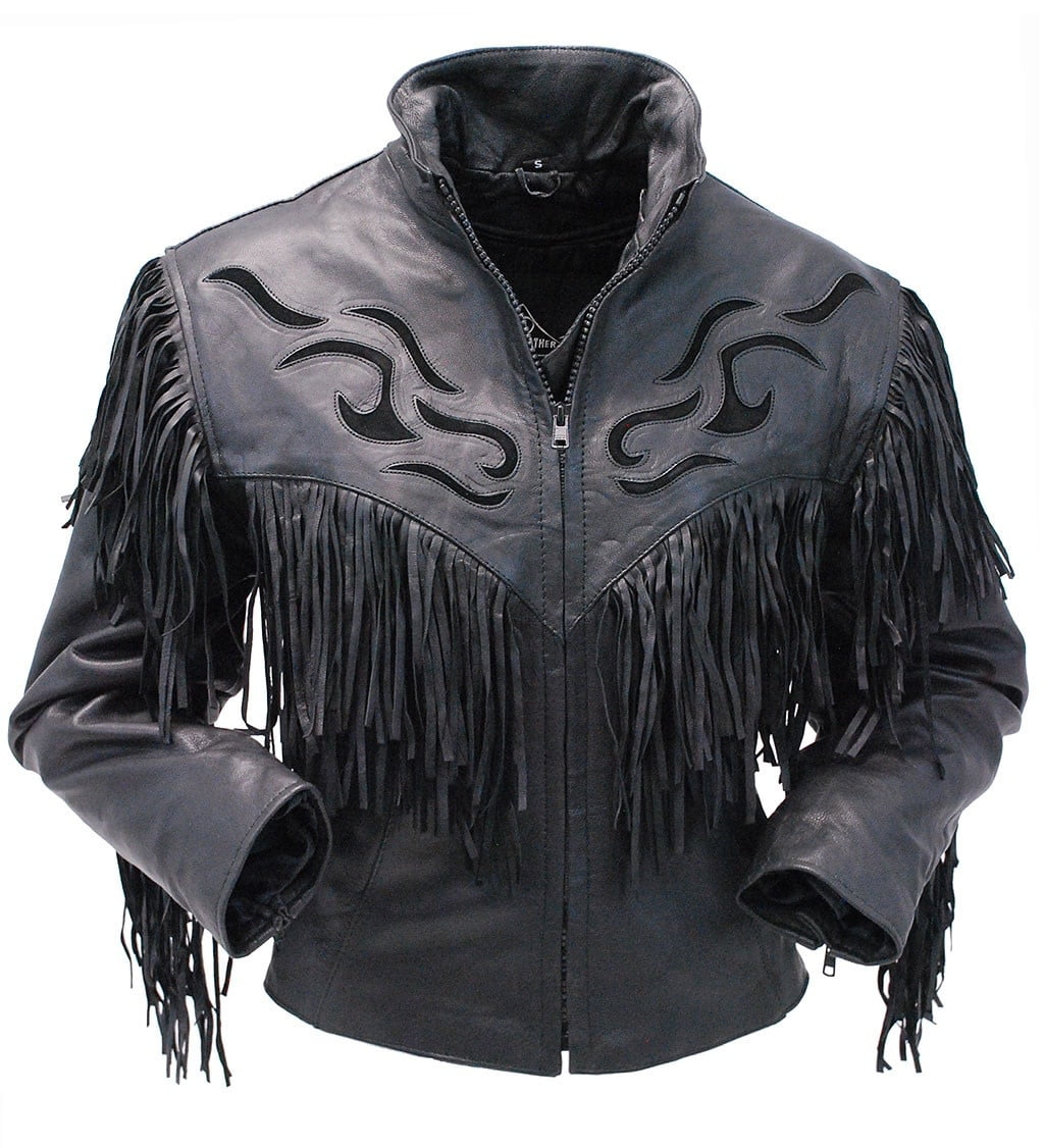 Women's Black Fringed Leather Jacket with Inlays #L285FZK - XS ...