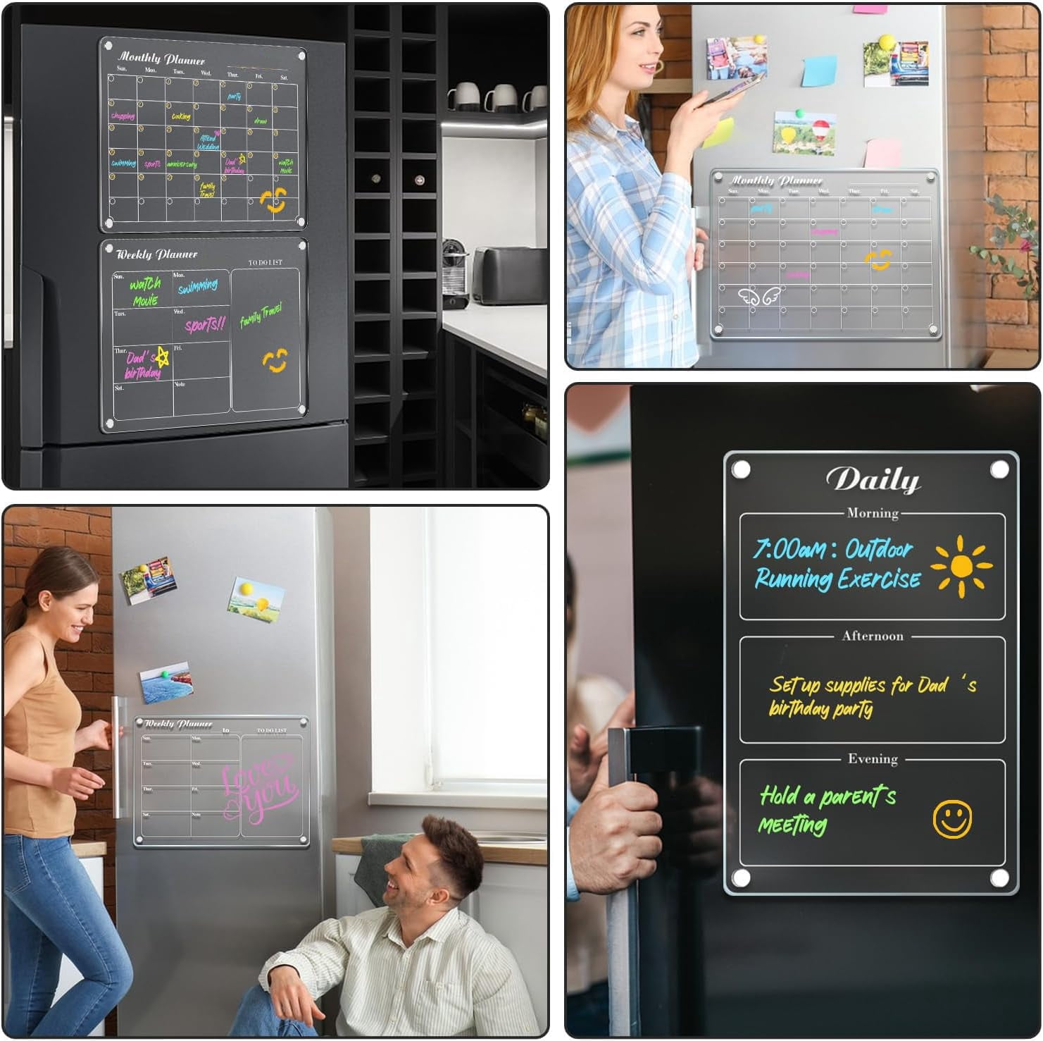 DIYMAG 4 Pack Magnetic Calendar for Fridge, Clear Acrylic Dry Erase Magnetic Refrigerator Whiteboard with 6 Highlight, To-Do List/Planner/Memo Board/Calendar for Refrigerator