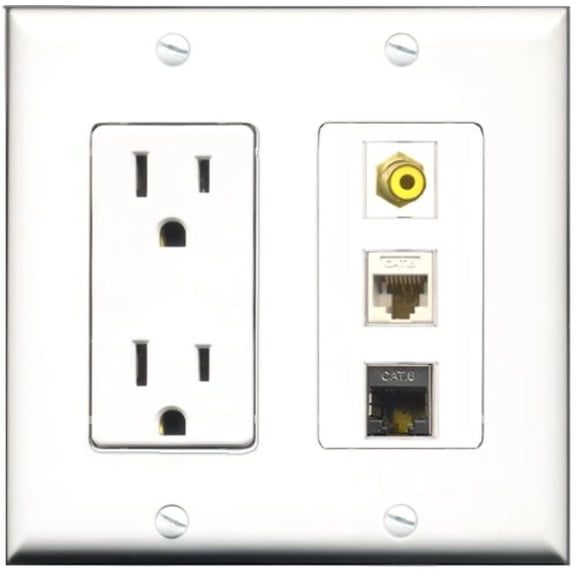 RiteAV - 15 Amp Power Outlet 1 Port RCA Yellow 1 Port Shielded Cat6 Ethernet Ethernet 1 Port Cat6 Ethernet Ethernet White Decorative Wall Plate