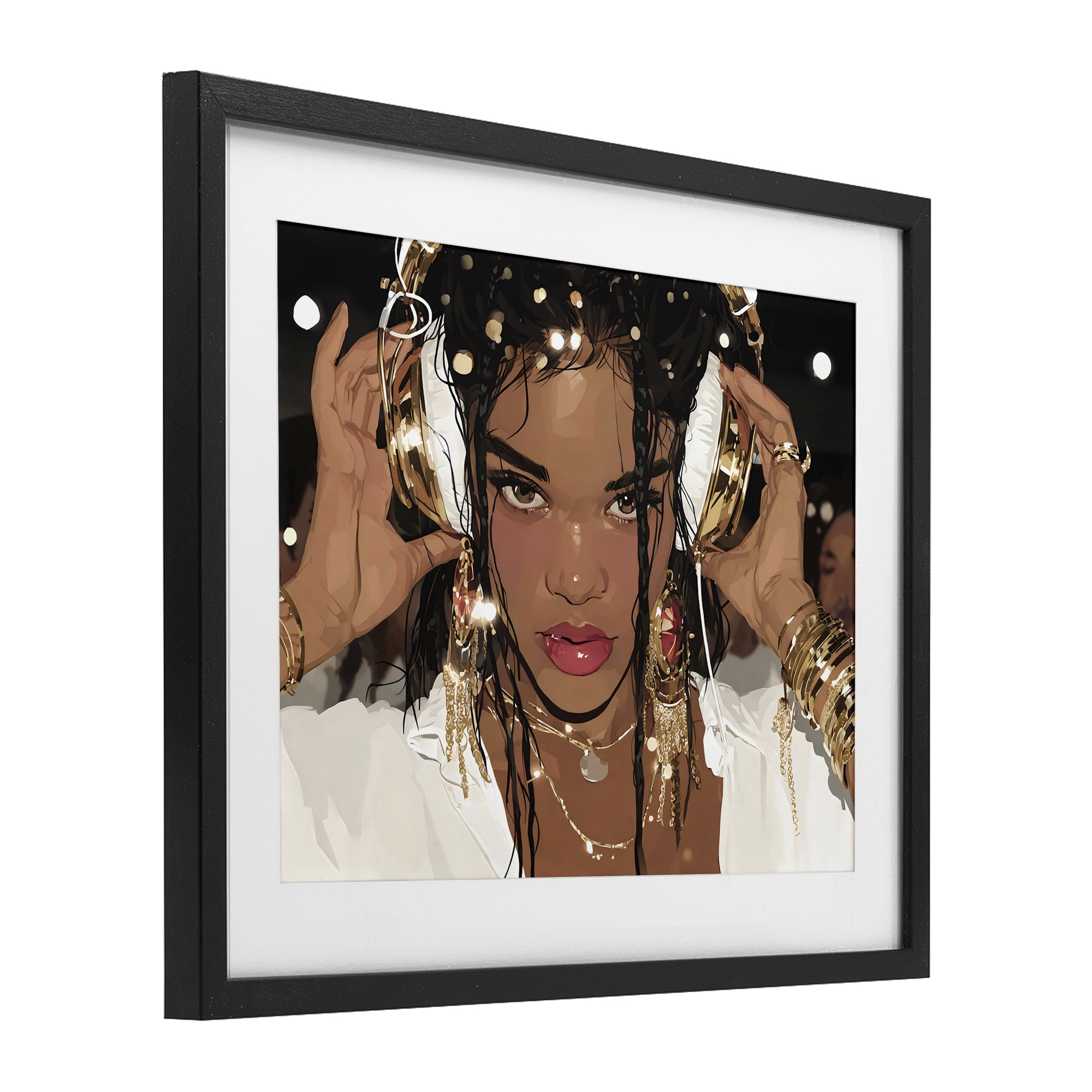 Stupell Industries Gold Headphones Glam Female Black Framed Print Under Glass, design by Franklyn Gregory