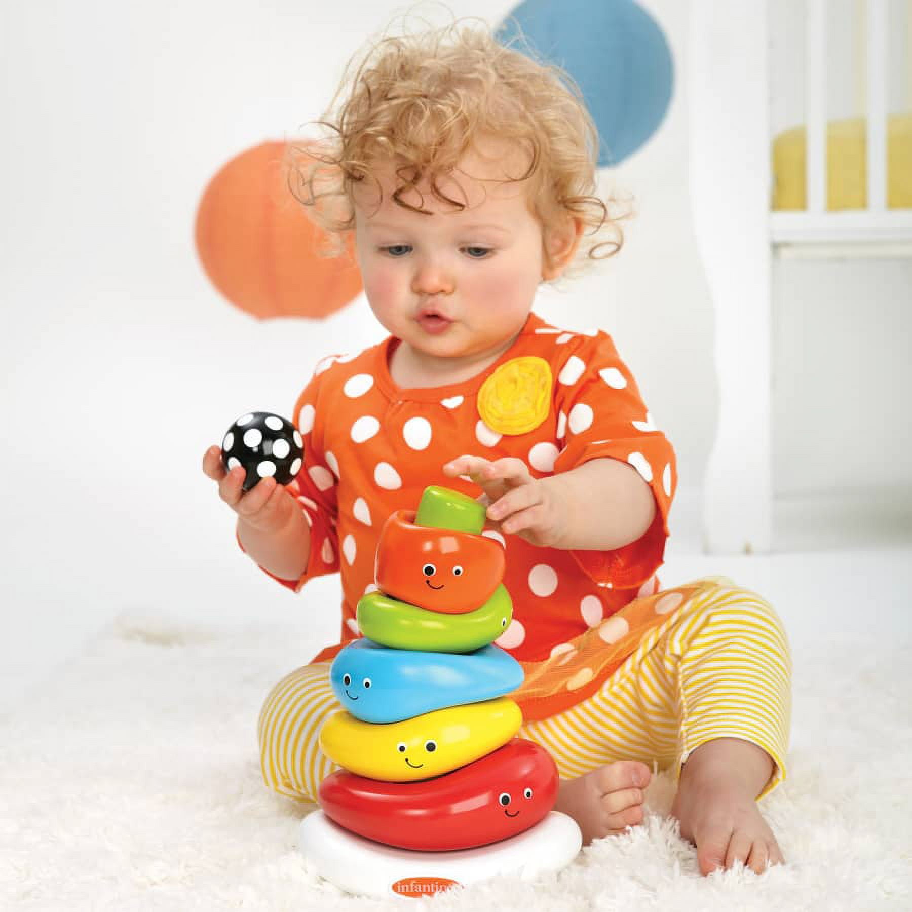 Infantino Funny Faces Ring Stacking Toy with Rocking Base, 6-12 Months, Multicolor, 7-Piece