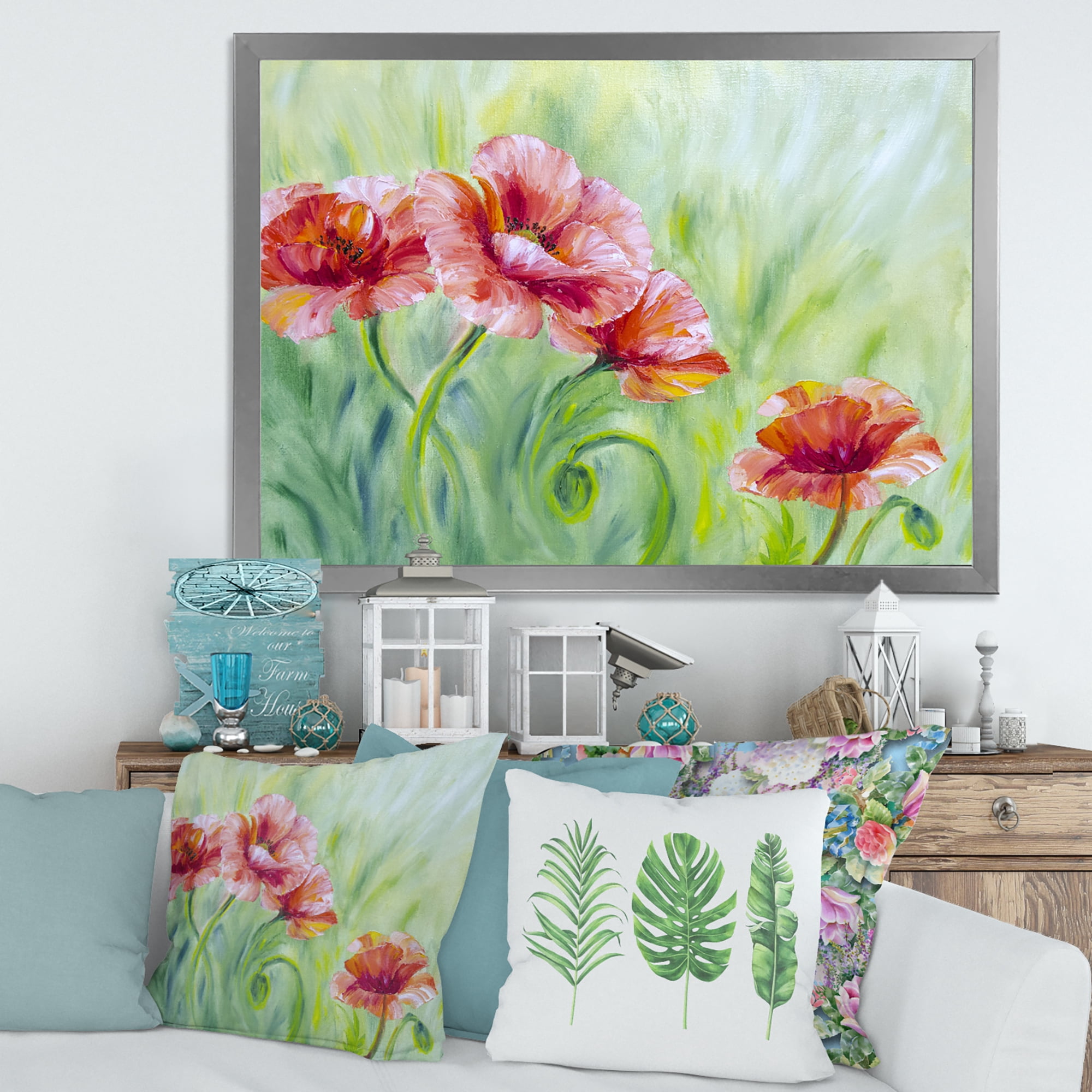 Designart 'Red Blossoming Poppies Over Wild Green II' Traditional Framed Art Print