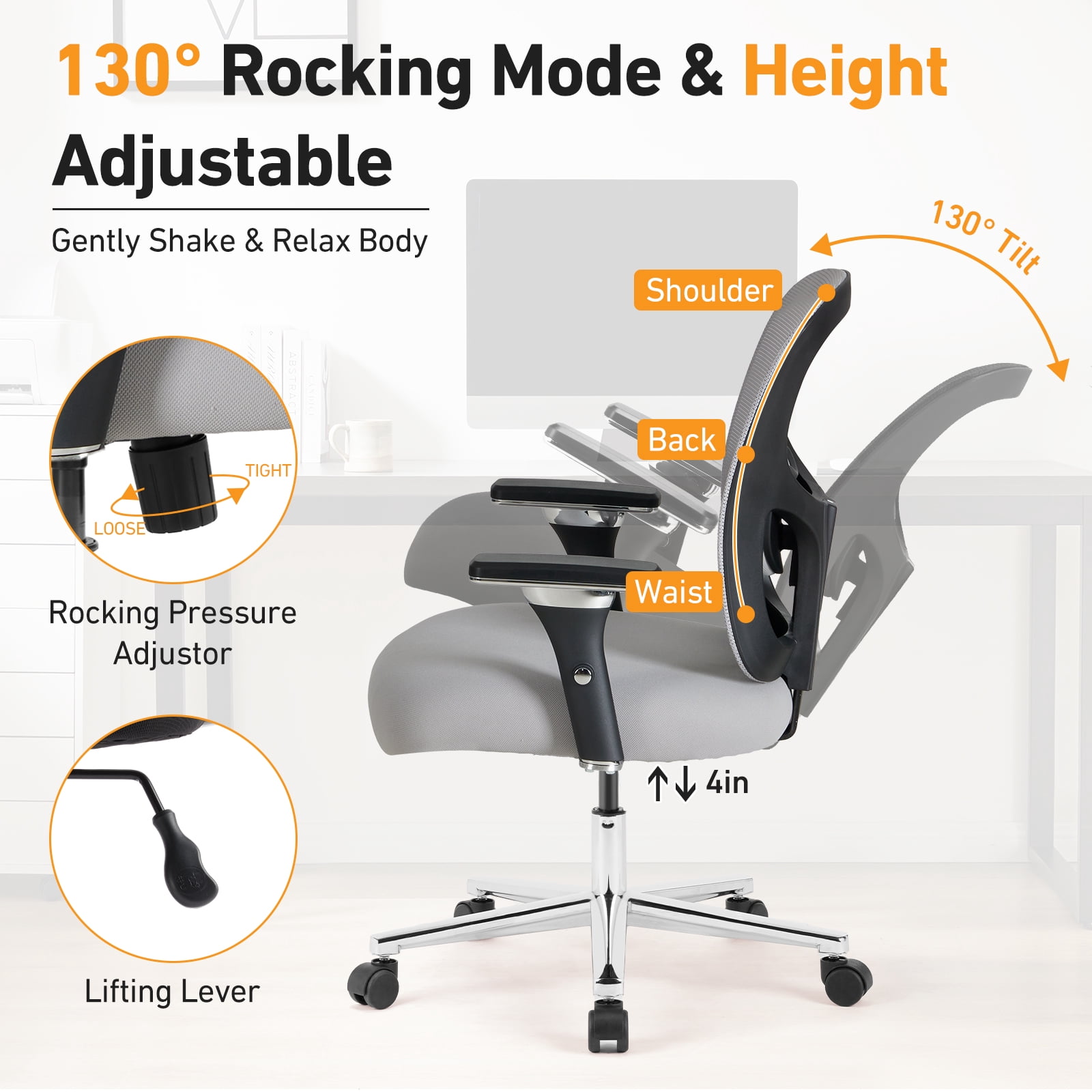 CONCETTA Heavy-Duty Big & Tall Mesh Office Chair, Ergonomic Desk Chair with Lumbar Support, Adjustable 4D Armrests & Adjustable Backrest, Swivel Wheels, 500 lb Capacity — Gray