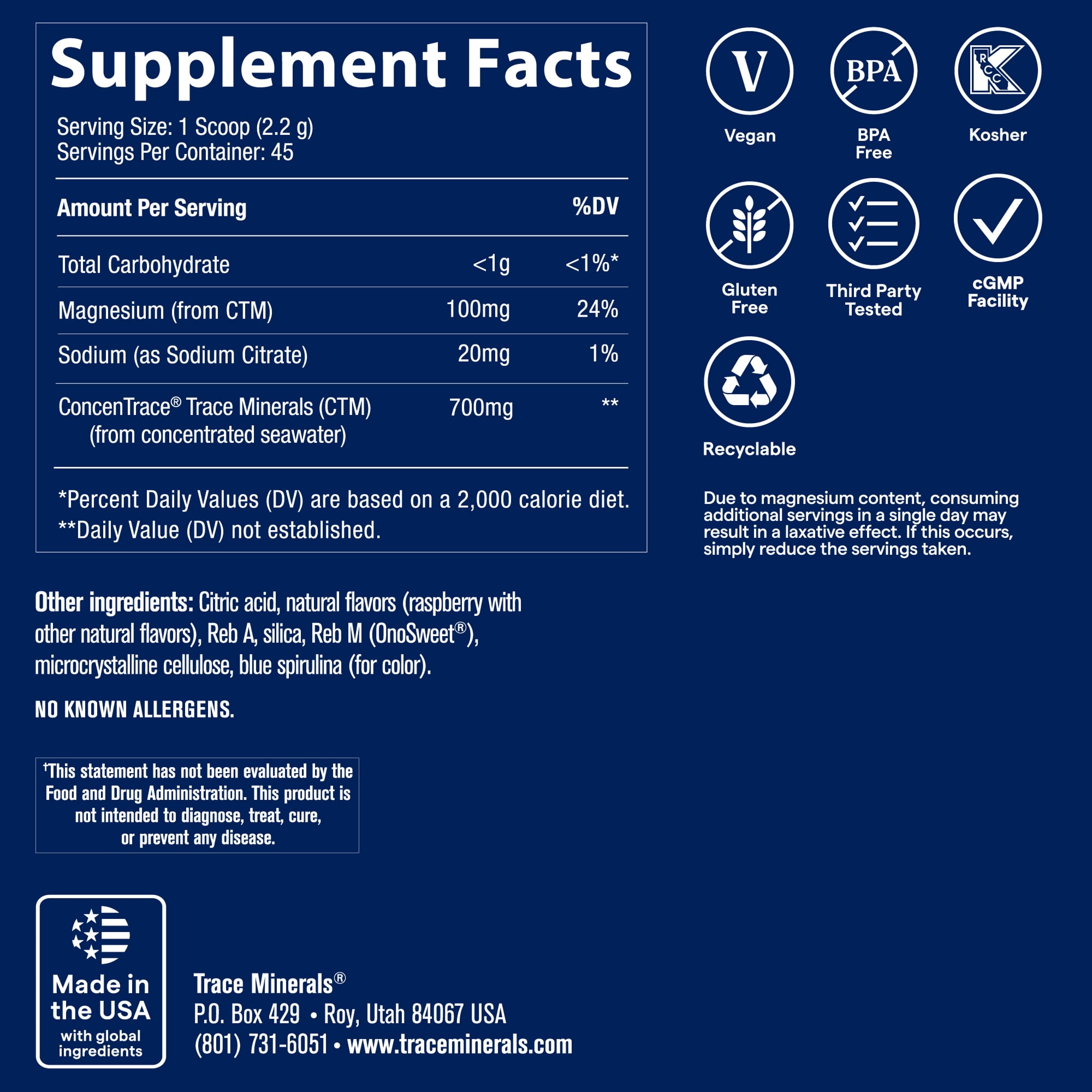 Trace Minerals ConcenTrace Daily Mineral Powder for Energy, Digestion and Bone Health, Blue Raspberry, 3.49 Ounce, 60 Servings