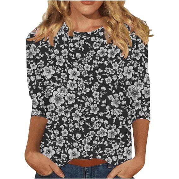 DHFJKG T Shirts For Women 3/4 Sleeve Summer Round Neck Floral Printed Loose Fit Casual Fashion Tunic Trendy Tops