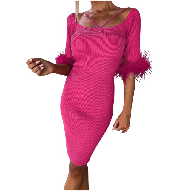 CEHVOM Robe Mode Femme Bandage Pli Manches Mi-Longues Florale Couleur Unie Mini Robe en Solde