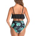 thumbnail image 2 of Women High Waisted Bikini Ruffle Swimsuit Flounce Pom Pom Trim Two Piece Bathing Suit Black Leaves (L, 2 of 6
