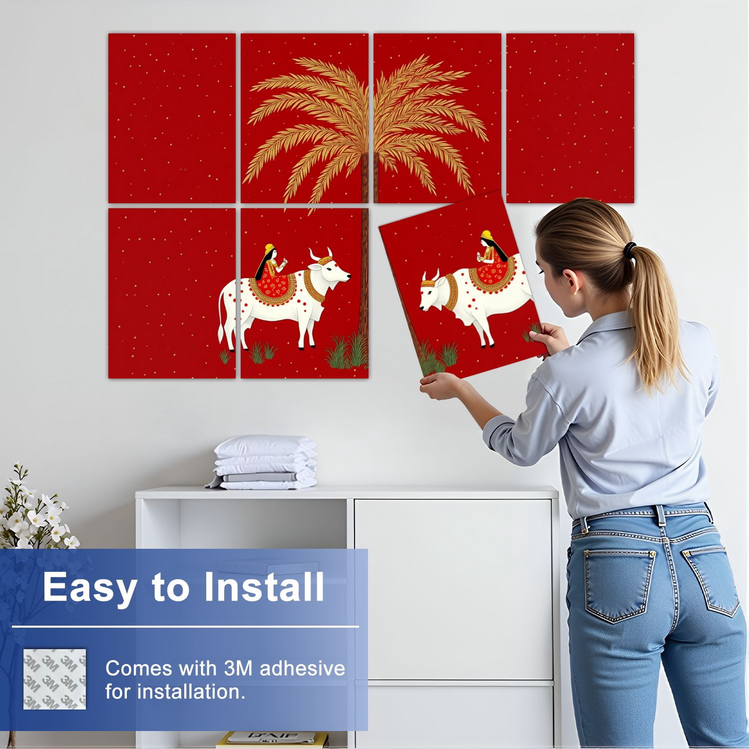 8 Pack Art Acoustic Panels Sound Absorbing Traditional Indian Art Cows Decorative Soundproof Wall Panels Self Adhesive for Nursery Game Room Bedroom 48"x32"