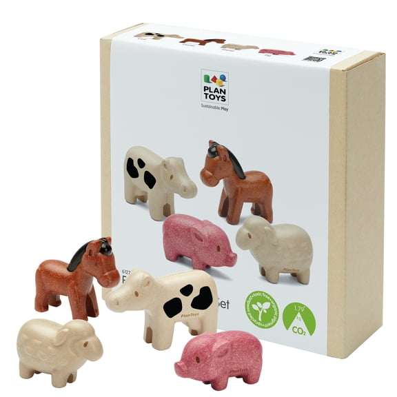 PlanToys® Wooden 4-Piece Farm Animals Play Set | Montessori Imaginative, Language and Social Skill Development Activity | Eco Friendly Open Ended Animal Toy Set