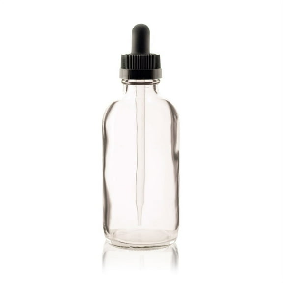4 oz CLEAR Boston Round Glass Bottle w/ Black Child Resistant Dropper - pack of 8