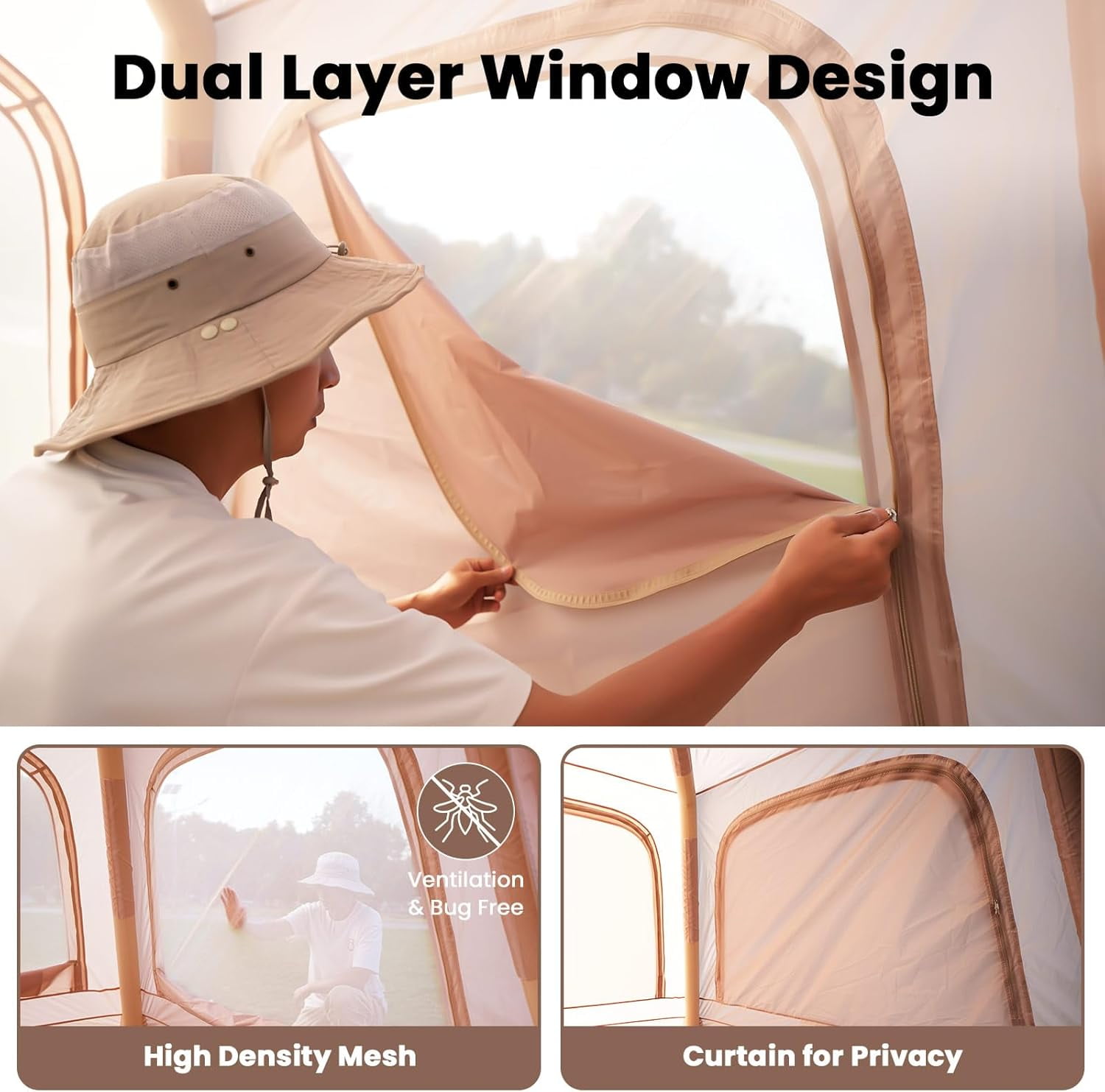 Slsy 4-6 Person Inflatable Camping Tents with Hand Pump & Carry Bag, Air Glamping Tents, Easy Setup Waterproof Windproof Blow up Tent, 4 Seasons Oxford Cabin Tent with Mesh & Chimney Window