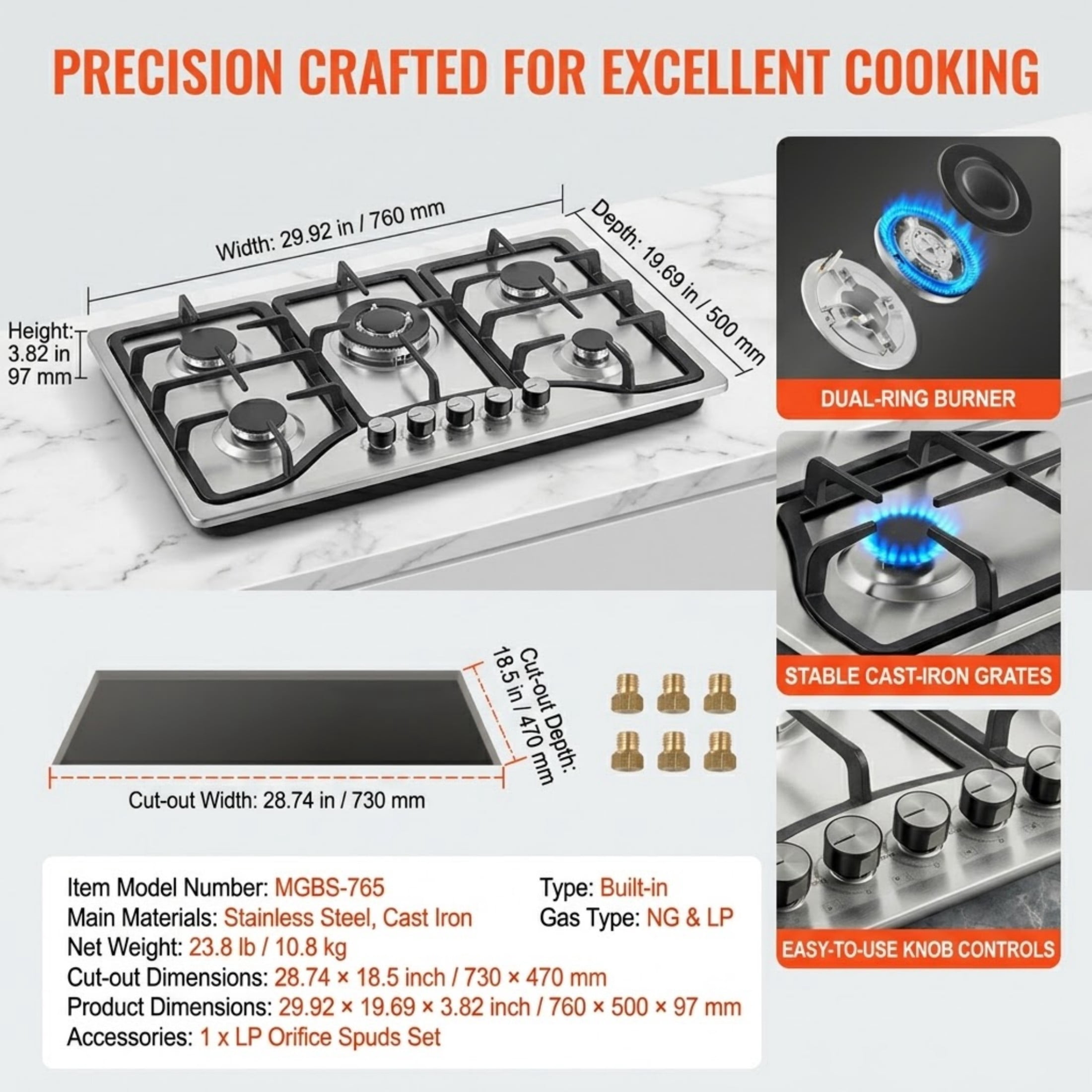 30-inch Gas Cooktop, 5 Burners Stainless Steel Built-in Gas Stove Top, 12250BTU NG/LPG Convertible