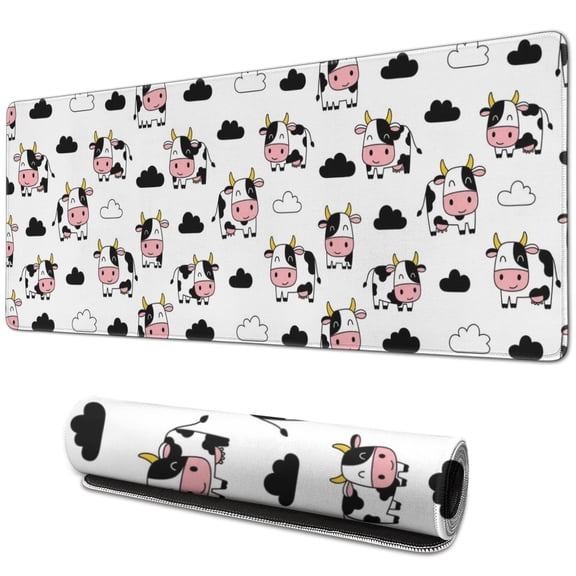 Long Mouse Pads for Desk,White Cow Cloud Pattern Desk Mats on Top Of Desks, Desk Mouse Pad Extra Large with 3mm Non-Slip Base and Stitched Edge for Gaming,Office,Work,Home 31.5"x11.8"