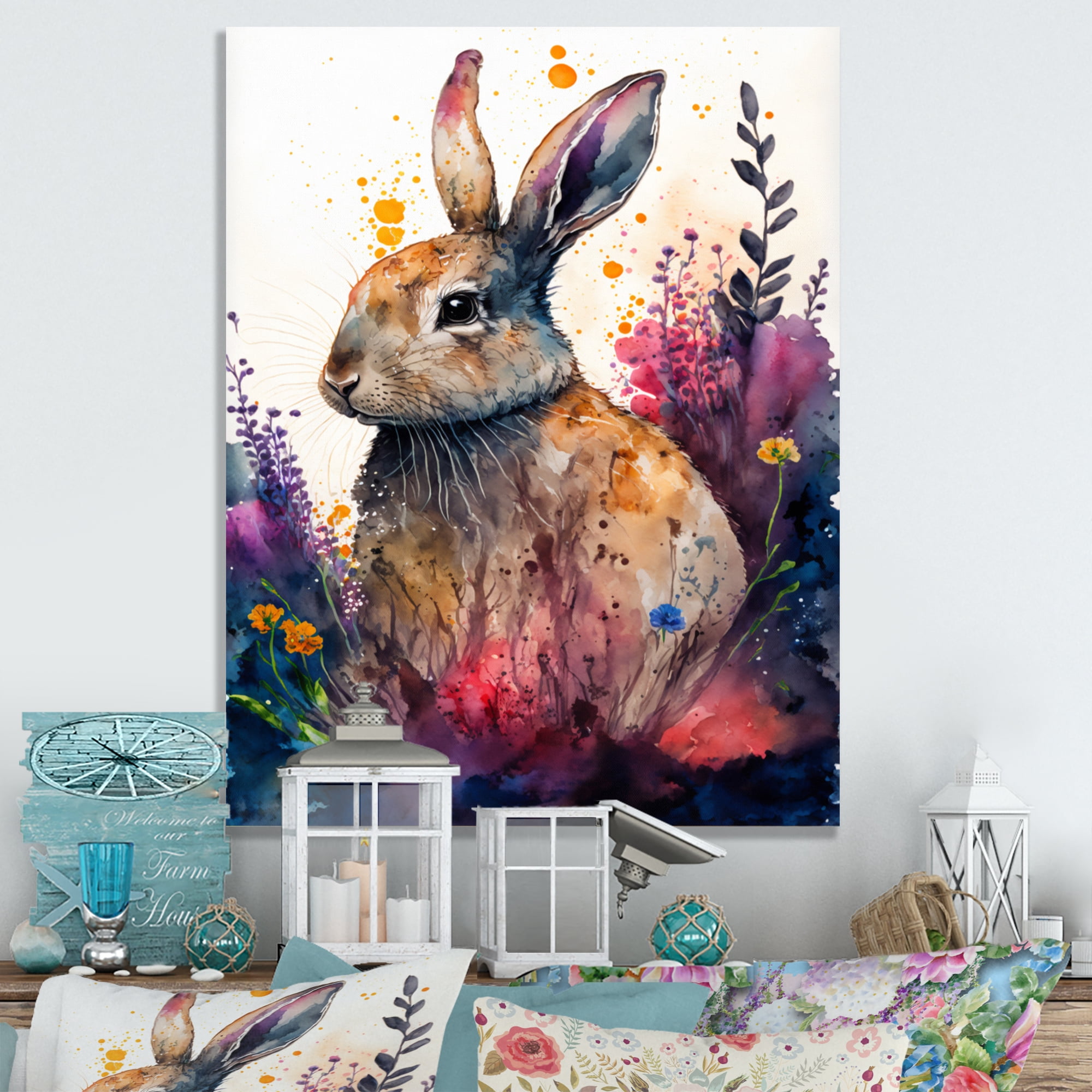Designart Cute Rabbit Floral Art II Canvas Wall Art