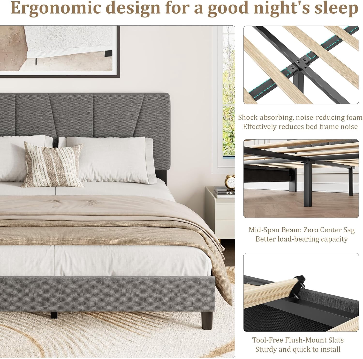 Queen Size Bed Frame with Adjustable Headboard, Linen Upholstered Queen Platform Bedframe with Strong Wooden Slats, Mattress Foundation, No Box Spring Needed, Easy Assembly