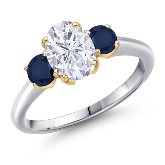Gem Stone King 925 Silver and 10K Yellow Gold White Moissanite and Blue Sapphire Engagement Ring for Women | 2.20 Cttw | Oval 8X6MM | Gemstone Birthstone | Size 7