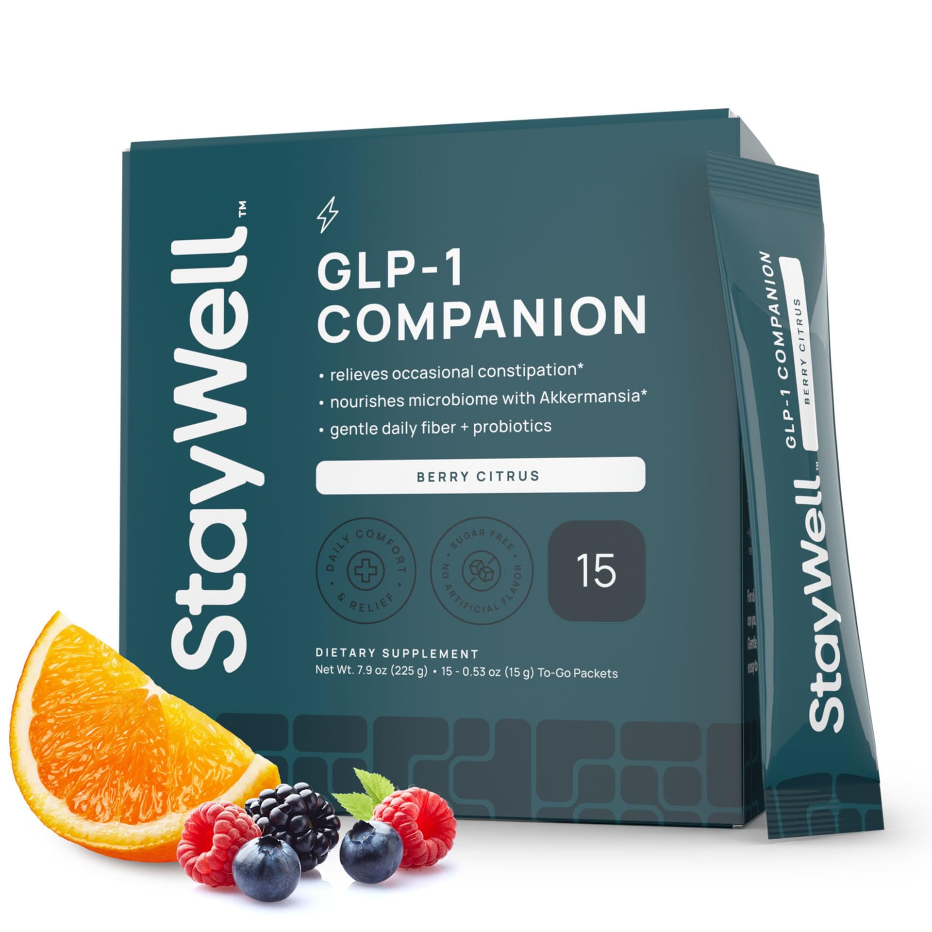 GLP-1 Constipation Support|Digestive, Gut Discomfort GLP Symptom Relief | Akkermansia, Probiotic, Prebiotic Microbiome Support for Digestive Balance, Regularity & Bloating Relief - Berry Citrus 15ct