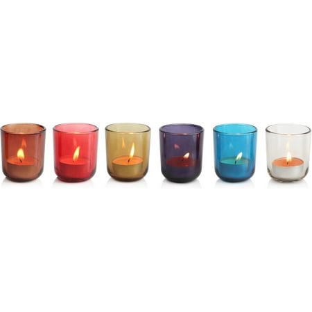 HofferRuffer Set of 6 Glass Votive Candle Holders, Colorful Tealight Candle Holder for Wedding Parties Holiday Festival and Home Decor (2.2 x 2.2 x 2.55 inch)