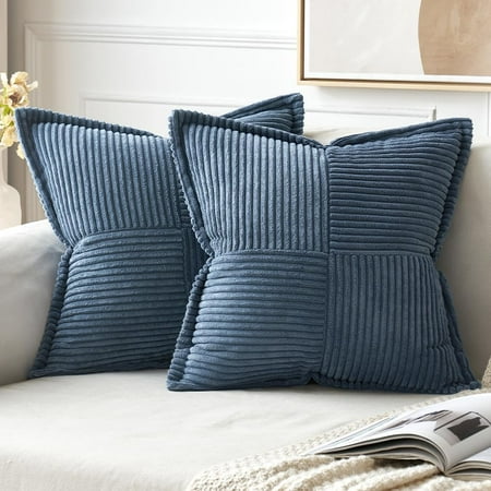 

MIULEE Blue Corduroy Pillow Covers 16x16 inch with Splicing Set of 2 Super Soft Boho Striped Pillow Covers Broadside Decorative Textured Throw Pillows for Spring Couch Cushion Bed Livingroom