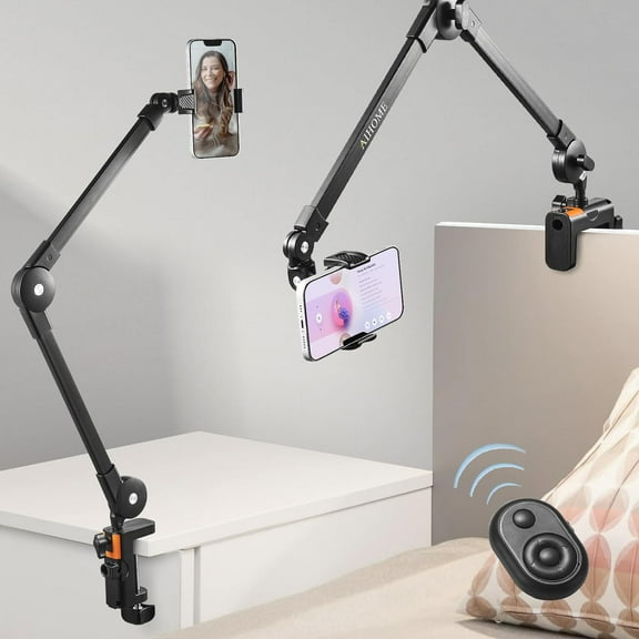 Phone Holder for Desk Bed, Overhead Mount with Wireless Remote, Flexible Phone Stand Lazy Bracket Mount Long Arm Clamp for iPhone, Samsung, Google Pixel, Moto