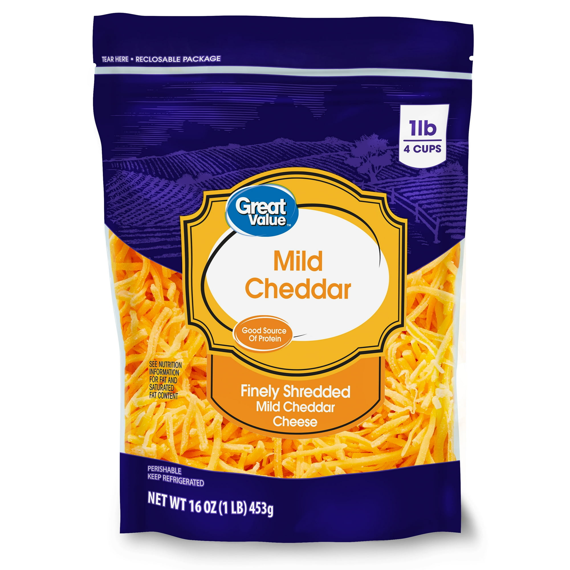 Great Value Mild Cheddar Finely Shredded Cheese, 16 oz Bag