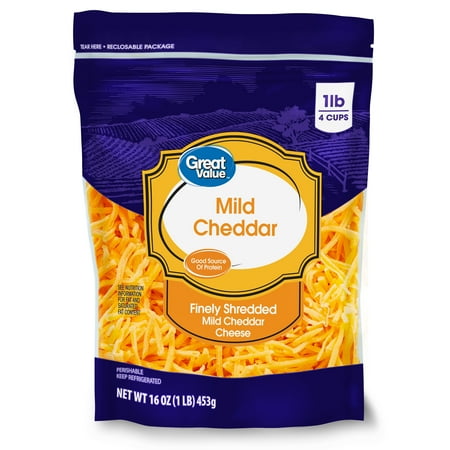 Great Value Mild Cheddar Finely Shredded Cheese, 16 oz Bag