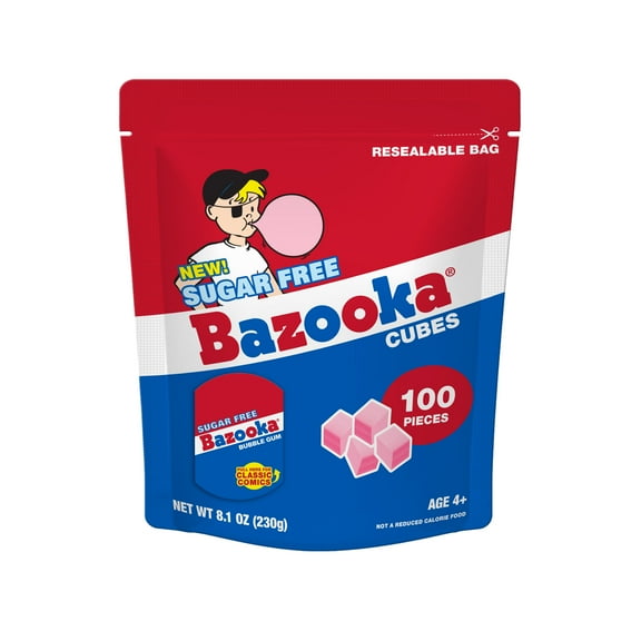 Bazooka Sugar-Free Bubble Gum Cubes Bag - 100 Count Original Flavor, Resealable Stand-Up Pouch