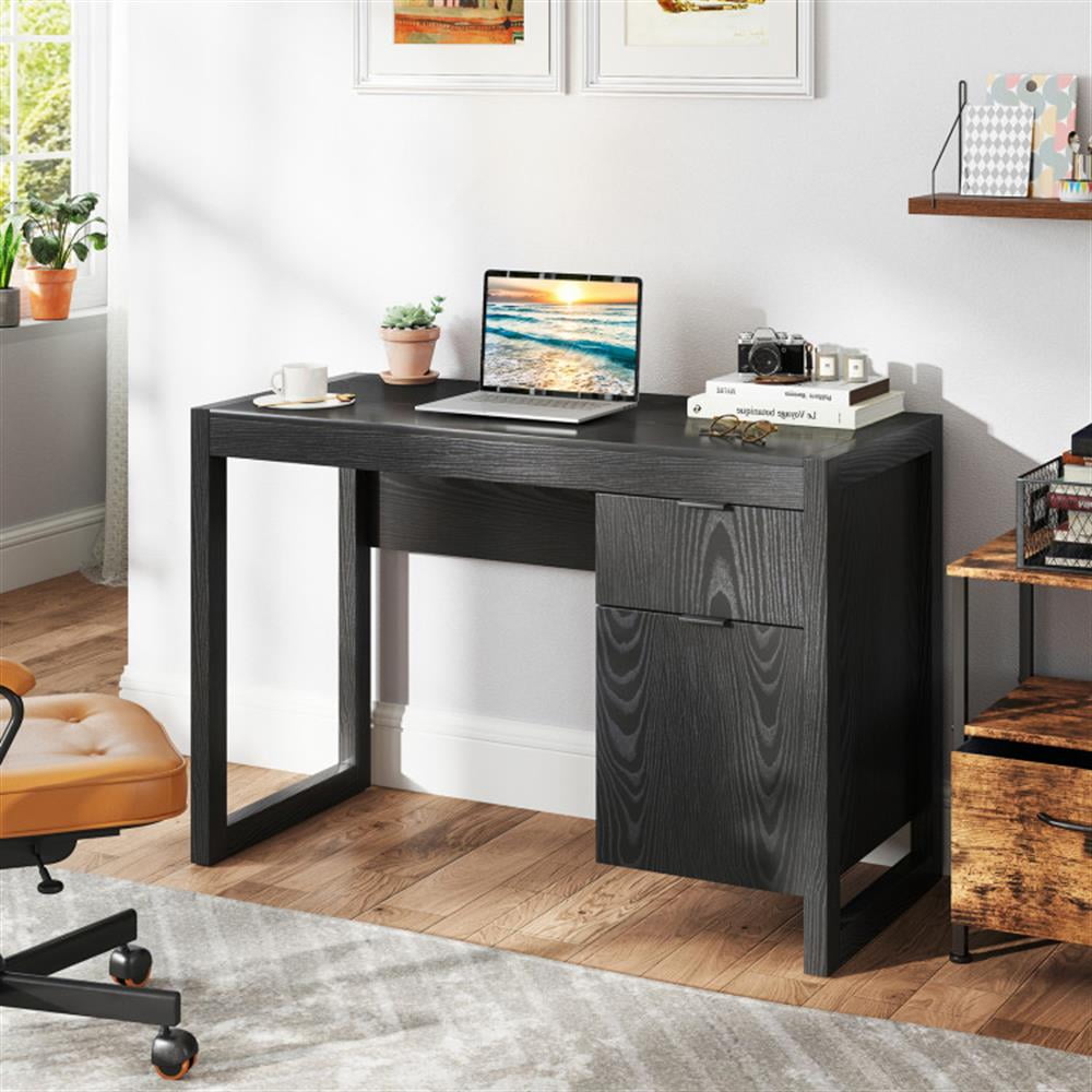 Demi Bonn Modern Computer Desk Workstation with Cabinet and Drawer, Small Home Office Desk Study Writing Table, Black