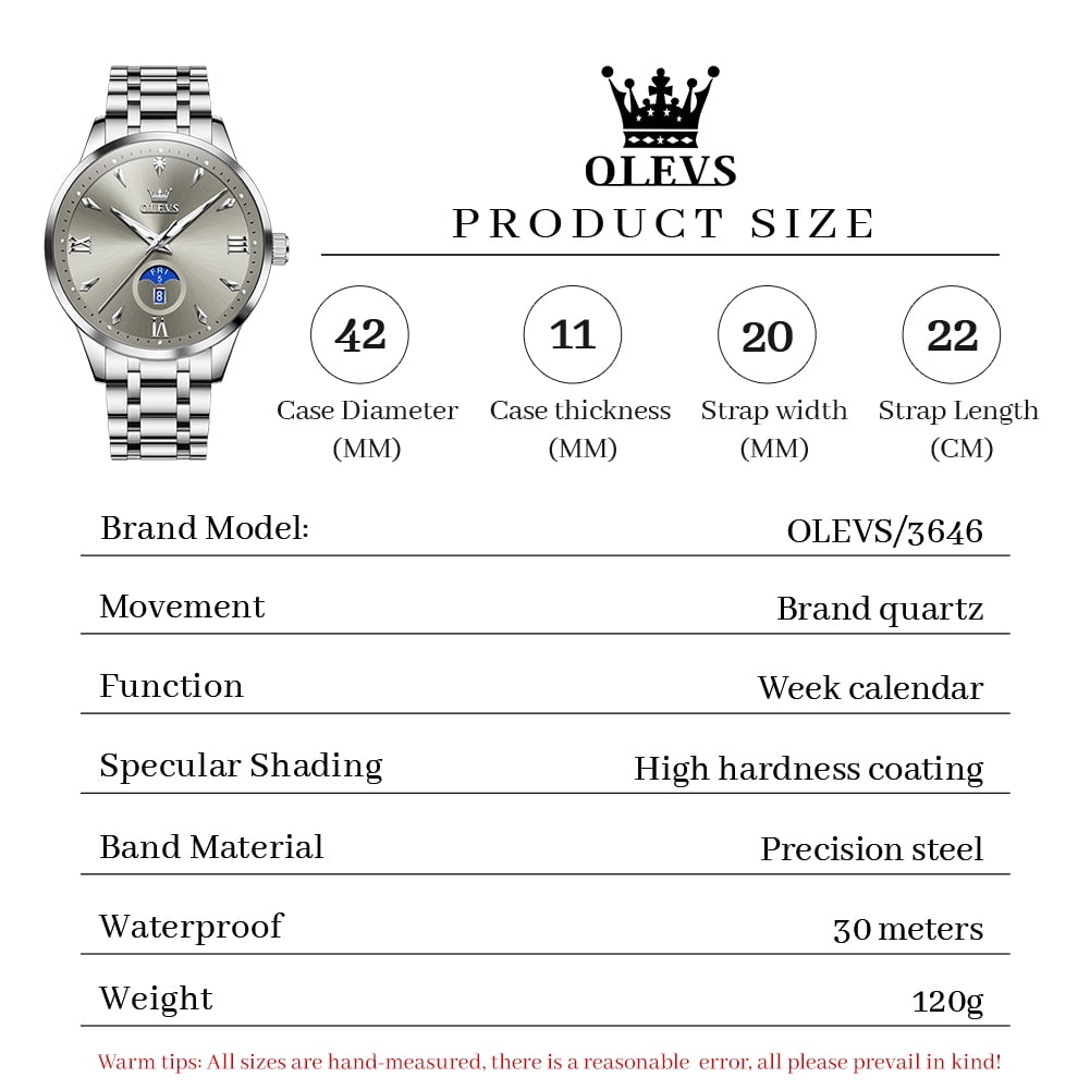 OLEVS Watches for Men Business Dress Casual Analog Quartz Stainless Steel Waterproof Luminous Men Wrist Watches Reloj Para Hombre Gray Dial