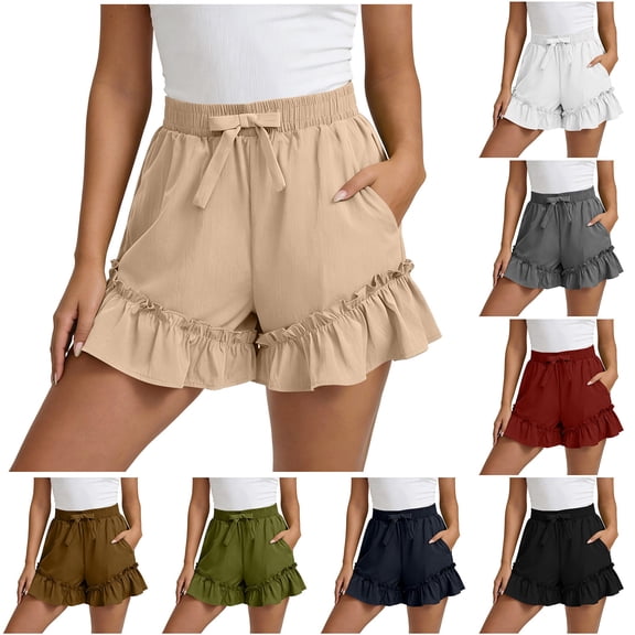 Women's Elastic Waist Solid Color Skorts with Pockets, Shorts for Women, Summer Casual Shorts with Bow-Knot, Lightweight Outdoor Athletic Gym | UKHCCC,Black L