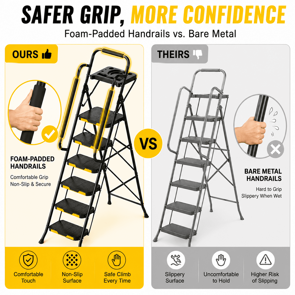 KK KINGRACK 6 Step Ladder, Metal Ladder with Tool Platform&Handrails, 800 lbs Capacity, Black