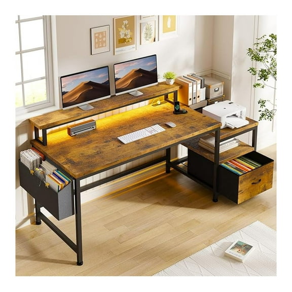 57" Office Desk with Drawers & Printer Shelf, Computer Desk with Power Outlets, Rustic Brown