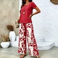 thumbnail image 5 of Guluxicc 2 Piece Women's Outfit Sets Crew Neck Short Sleeve Double Layer Hem Top Leaf Print Wide Leg Pants, 5 of 7