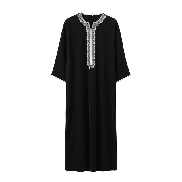 Xdzjlr Men Polo T Shirts Arab Long Sleeve Embroidered Thobe Traditional Middle Robe Wear Elegant Dress Long Robe With Pockets Comfortable Men T Shirts S
