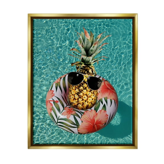 Stupell Industries Pineapple on Beach Tube Food & Beverage Painting Gold Floater Framed Canvas Art Print Wall Art, 17 x 21