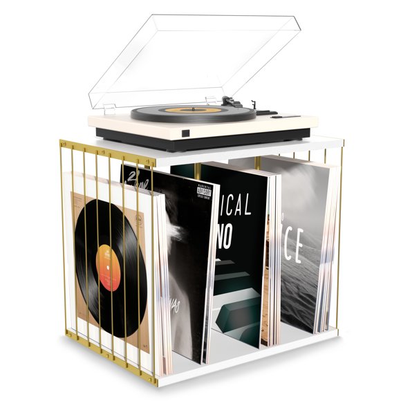 Vinyl Record Storage, Metal & Wooden Vinyl Record Holder Up to 80 Album, 3-Compartment Record Player Stand for Magazine, Books White