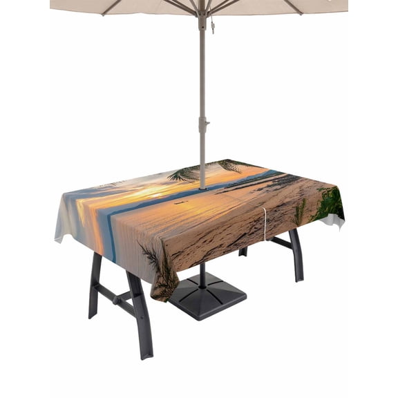 60x102 Inch Outdoor Tablecloth with Umbrella Hole Zipper Rectangle Ocean Sunset Rectangular Tablecloths Outside Waterproof Summer Palm Tree Shore Sand Mountain Patio Table Cover for Picnic Party