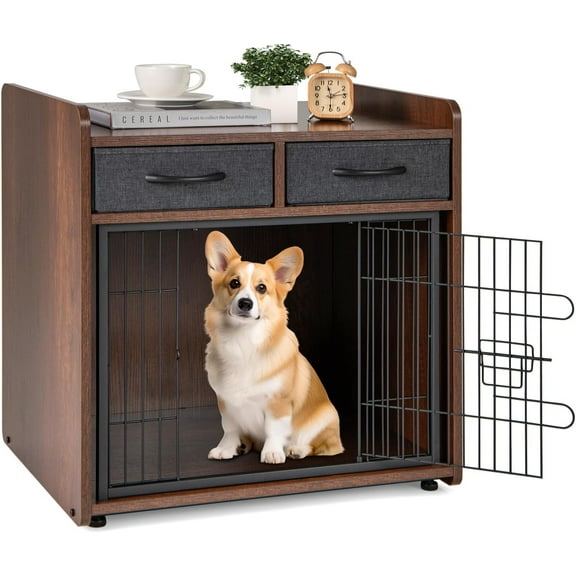 XgoodX Dog Crate Furniture - Wooden Dog Cage End Table with 2 Storage Drawers, Latched Door, Pet House Dog Kennel Indoor for Small Dogs, Furniture-Style Dog Crate Side Table, Brown