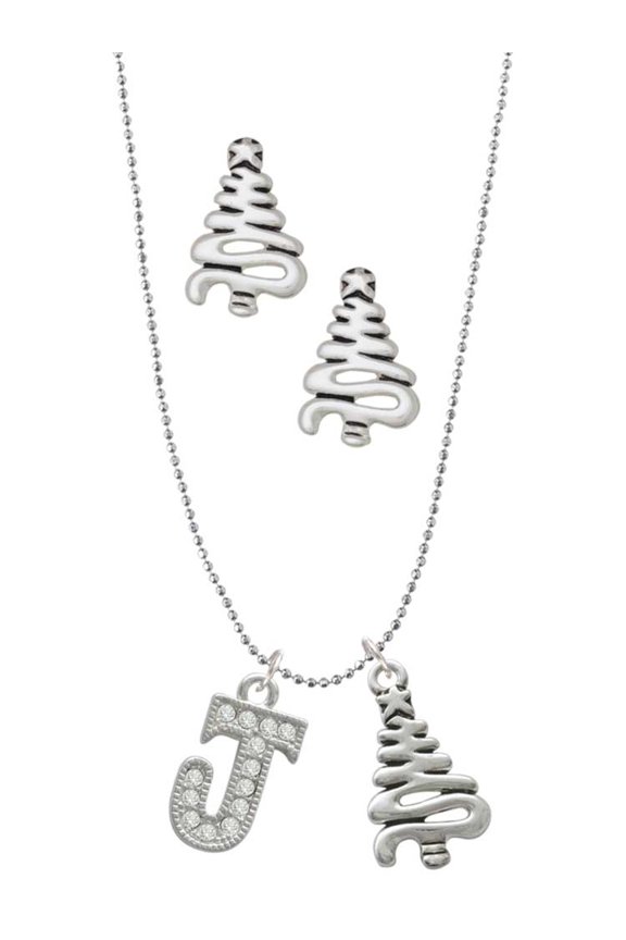 Silvertone Crystal Initial - J - Silver tone Zig Zag Christmas Tree Charm Necklace and Stud Earrings