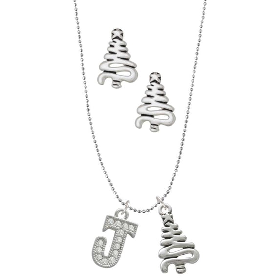 Delight Jewelry Silvertone Crystal Initial - J - Silver tone Zig Zag Christmas Tree Charm Necklace and Stud Earrings