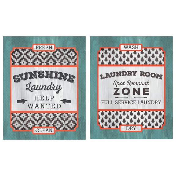 Fun Modern Laundry Signs "Sunshine Laundry Help Wanted" & "Laundry Room Full Service Laundry." Two 8x10in Prints. Teal/Orange/Black