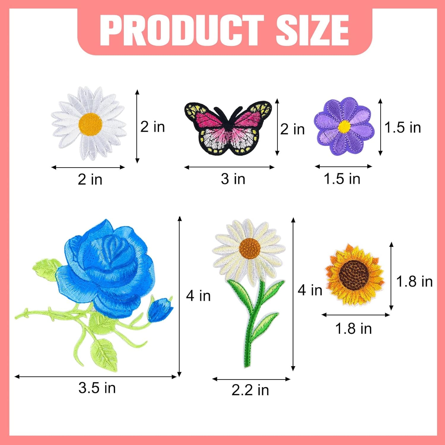 100 Pieces Flower Butterfly Iron/Sew on Patches Sunflower Cute Embroidered Applique Rose Patches for Clothing Large Colorful Decorative Daisy Repair Clothes Dress Hat Jeans DIY