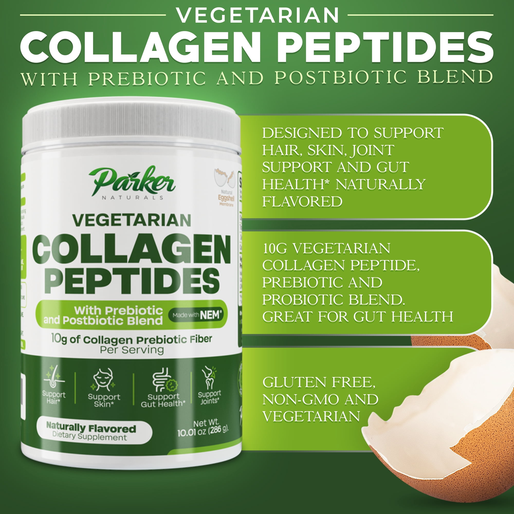 Parker Naturals Vegetarian Collagen Peptides Powder with NEM, Prebiotic and Postbiotic Blend for Skin, Hair, Gut and Joint health, 28 servings