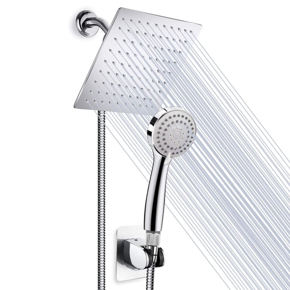 Shower Head Set, High Pressure 8'' Rainfall Stainless Steel Shower Head/Handheld Combo with 60'' Hose Anti-leak Shower Head with Holder, Flow Regulator, Chrome