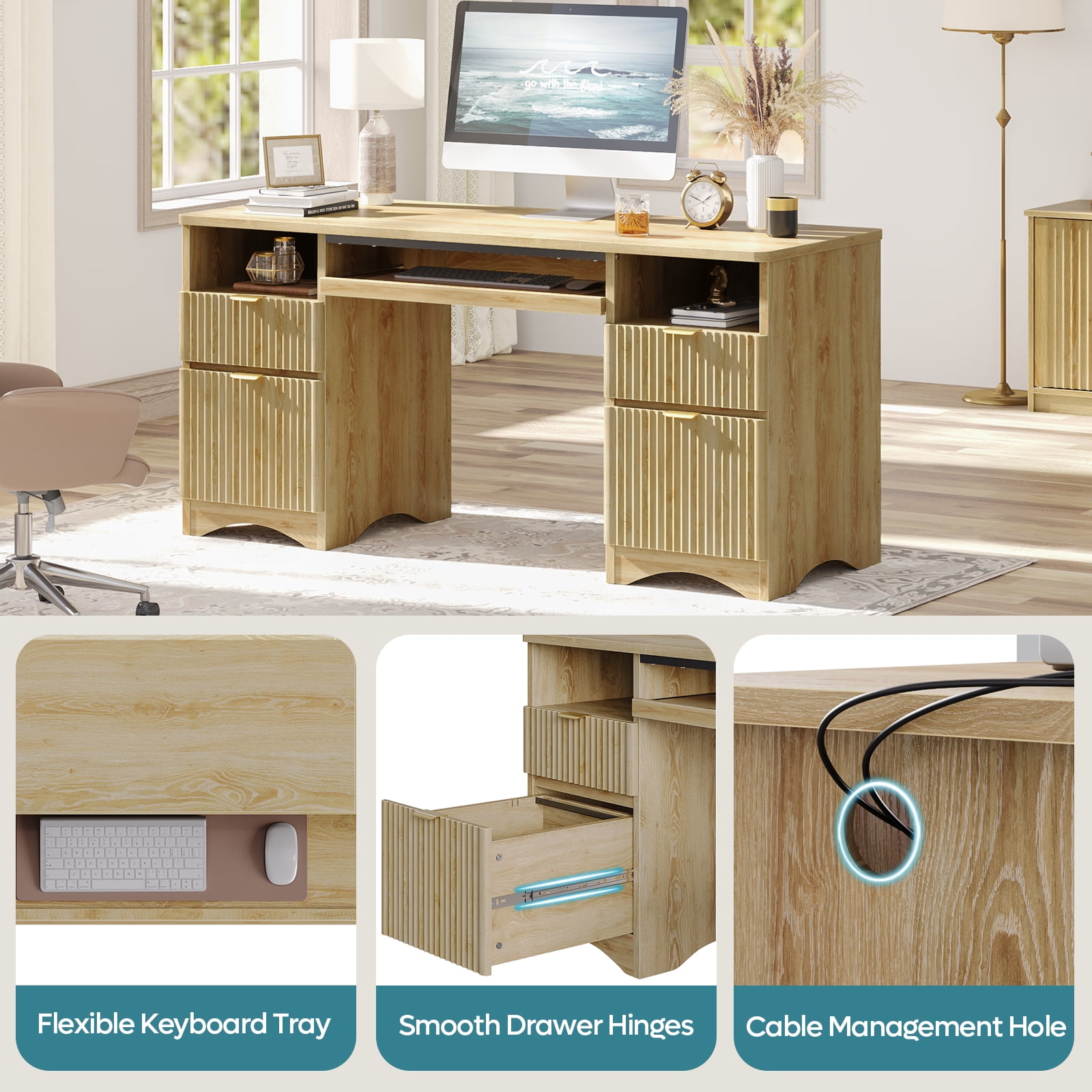 Bestier 59" Home Office Computer Desk with Keyboard Tray and Storage Drawers, Modern Executive Desk for Writing Reading, Oak