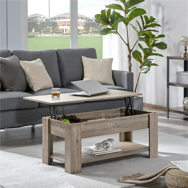 Modern 38.6" Wood Lift Top Coffee Table with Lower Shelf, Rustic Gray