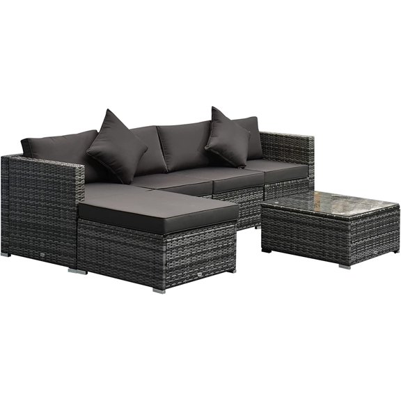 Outsunny 6 Pieces Patio Furniture Sets Outdoor Wicker Conversation Sets All Weather PE Rattan Sectional Sofa Set with Ottoman, Cushions & Tempered Glass Desktop, Charcoal